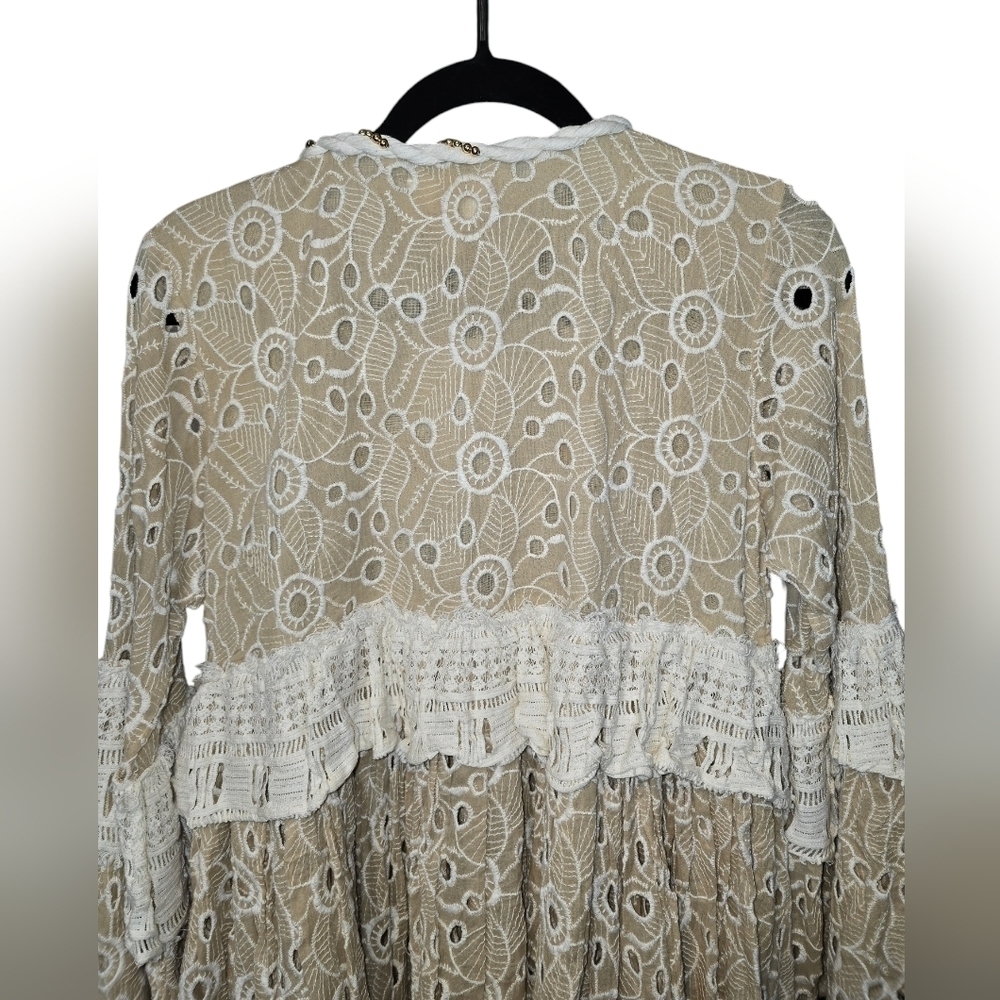 Gipsy Queen Barok Paris Boho Eyelet Lace Embroidered Open Tie-Front Cardigan Tan - Picture 11 of 16